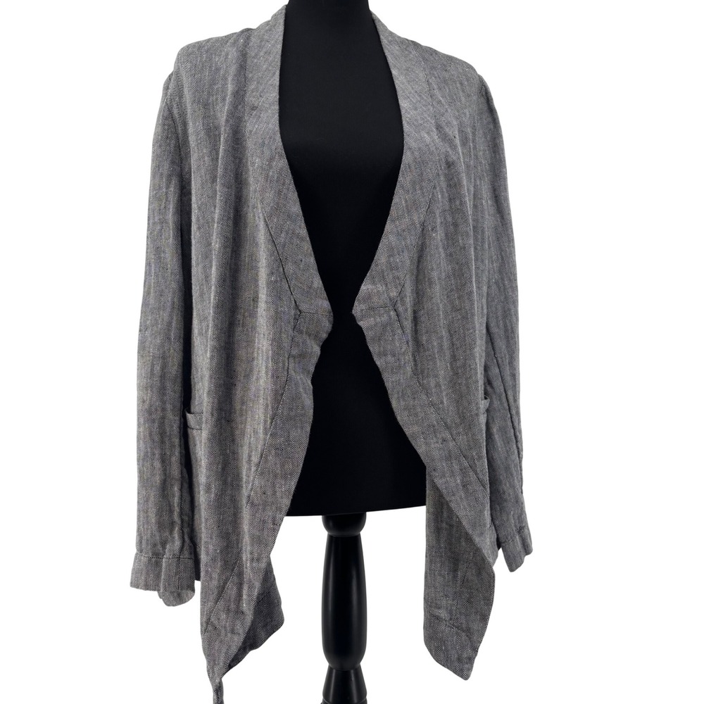 Coldwater Creek Grey Herringbone 100% Linen Classic Open Cardigan Jacket Large